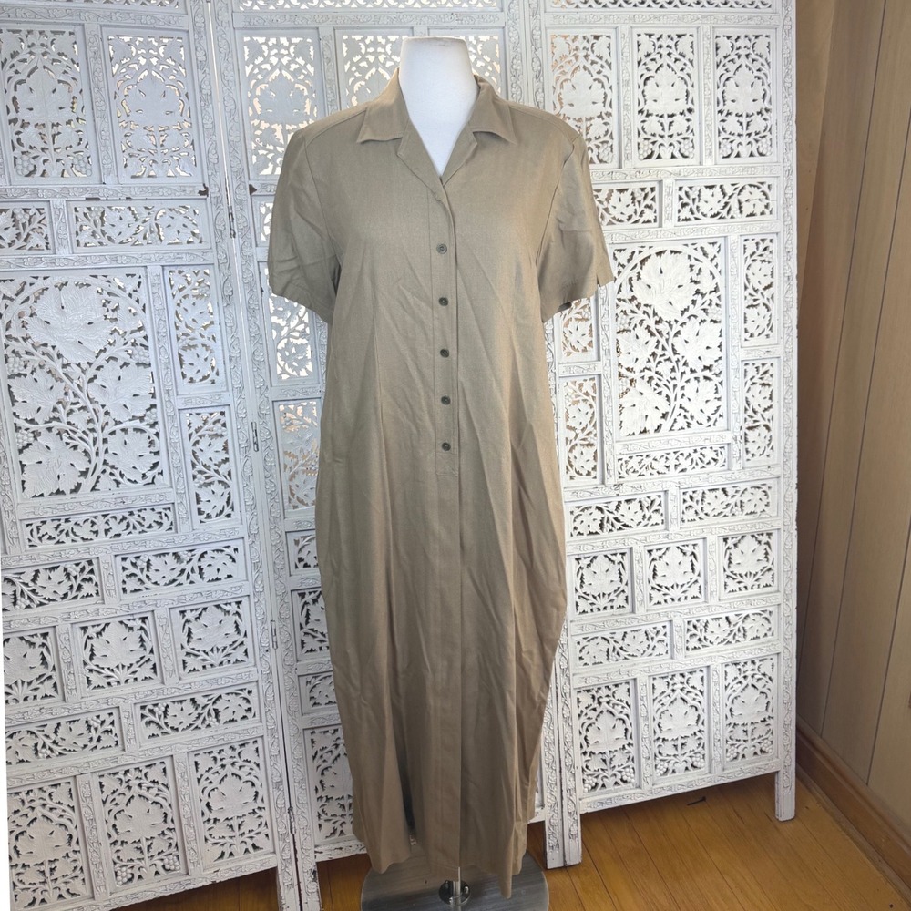 Vtg Deadstock 100% Silk Tan Button Up Dress Sz Large Retro Minimalist Luxury